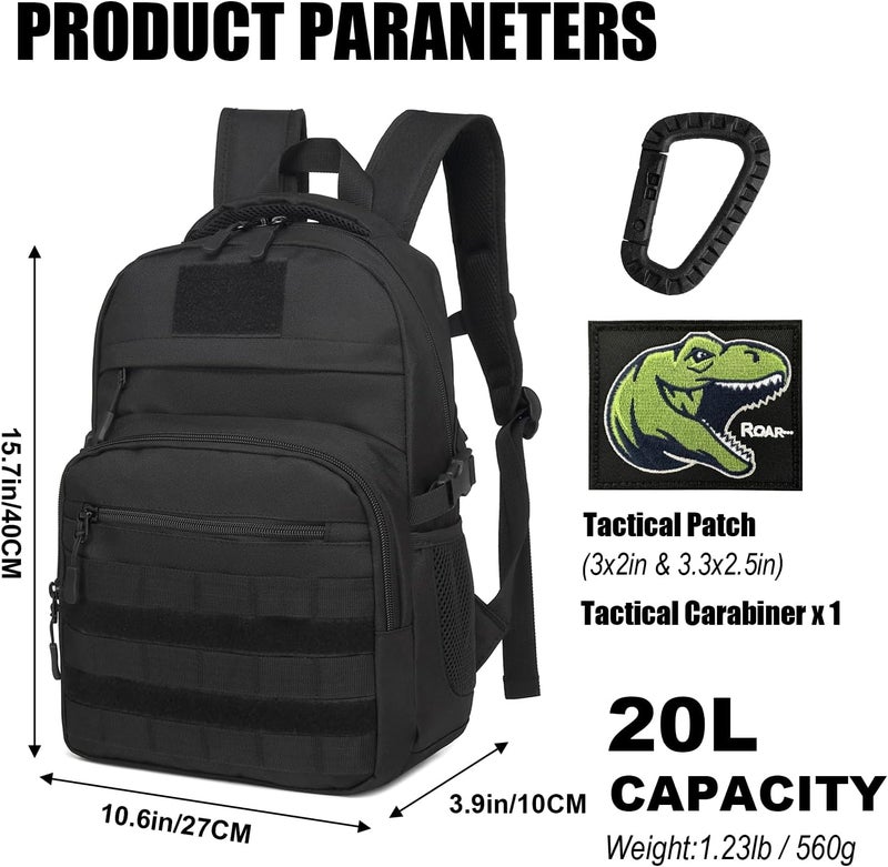 SunForMorning Kids Tactical Backpack Army Molle Bookbag Military Boys Backpack for School, Outdoor, Camping (Includes 2 Patches +1 Carabiner), Black - Image 2